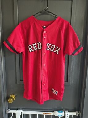 Majestic Red Boston 'Red Sox' Mens Button-Up Jersey with Black Trim